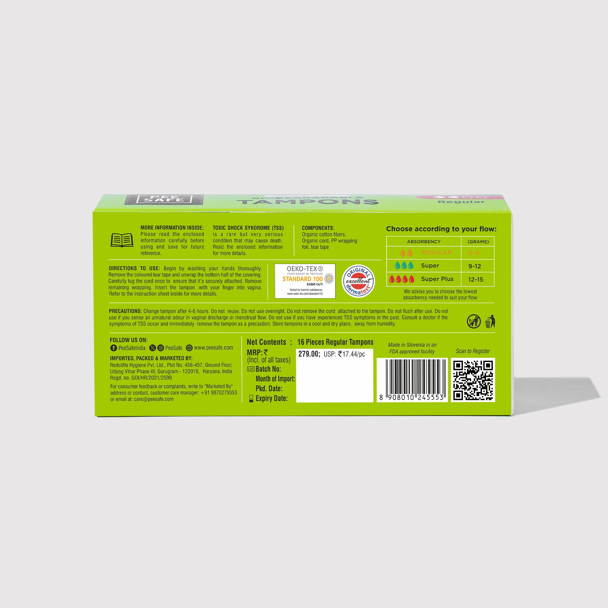 Pee Safe Biodegradable Tampons- Regular (16 Tampons) - BYOC