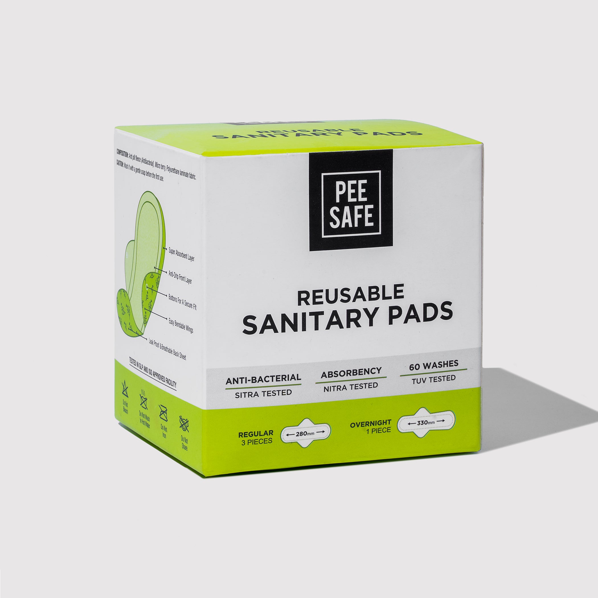 Pee Safe Reusable Sanitary Pads (6 Regular Pads + 2 Night Pads) - Pack of 2