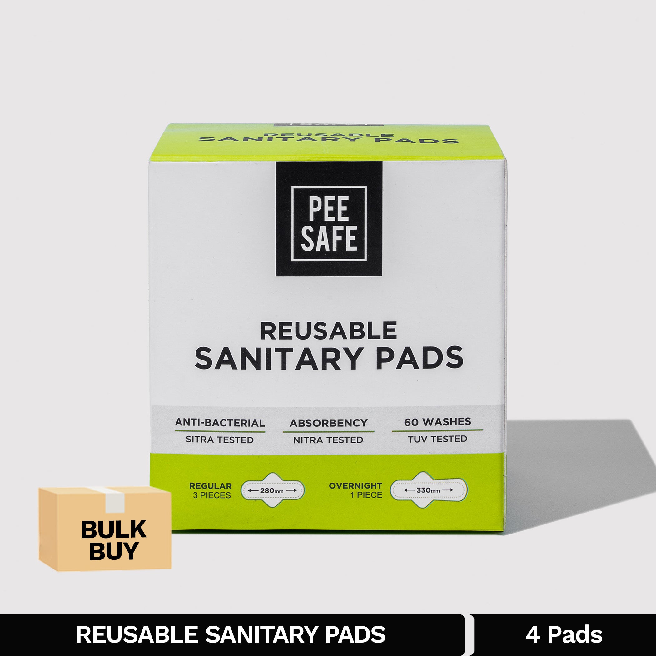 Pee Safe Reusable Sanitary Pads (3 Regular Pads + 1 Night Pad) - BULK BUY