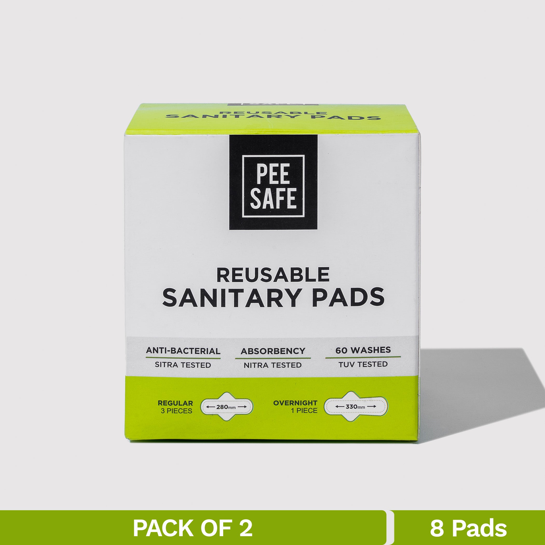 Pee Safe Reusable Sanitary Pads (6 Regular Pads + 2 Night Pads) - Pack of 2
